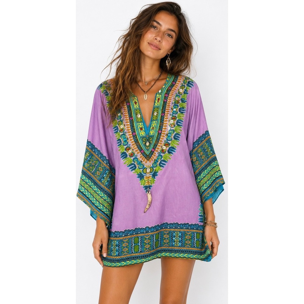 Meghan 100% Silk Y2K Eclectic Dashiki Tunic Top Purple Beaded Shell Sz 4